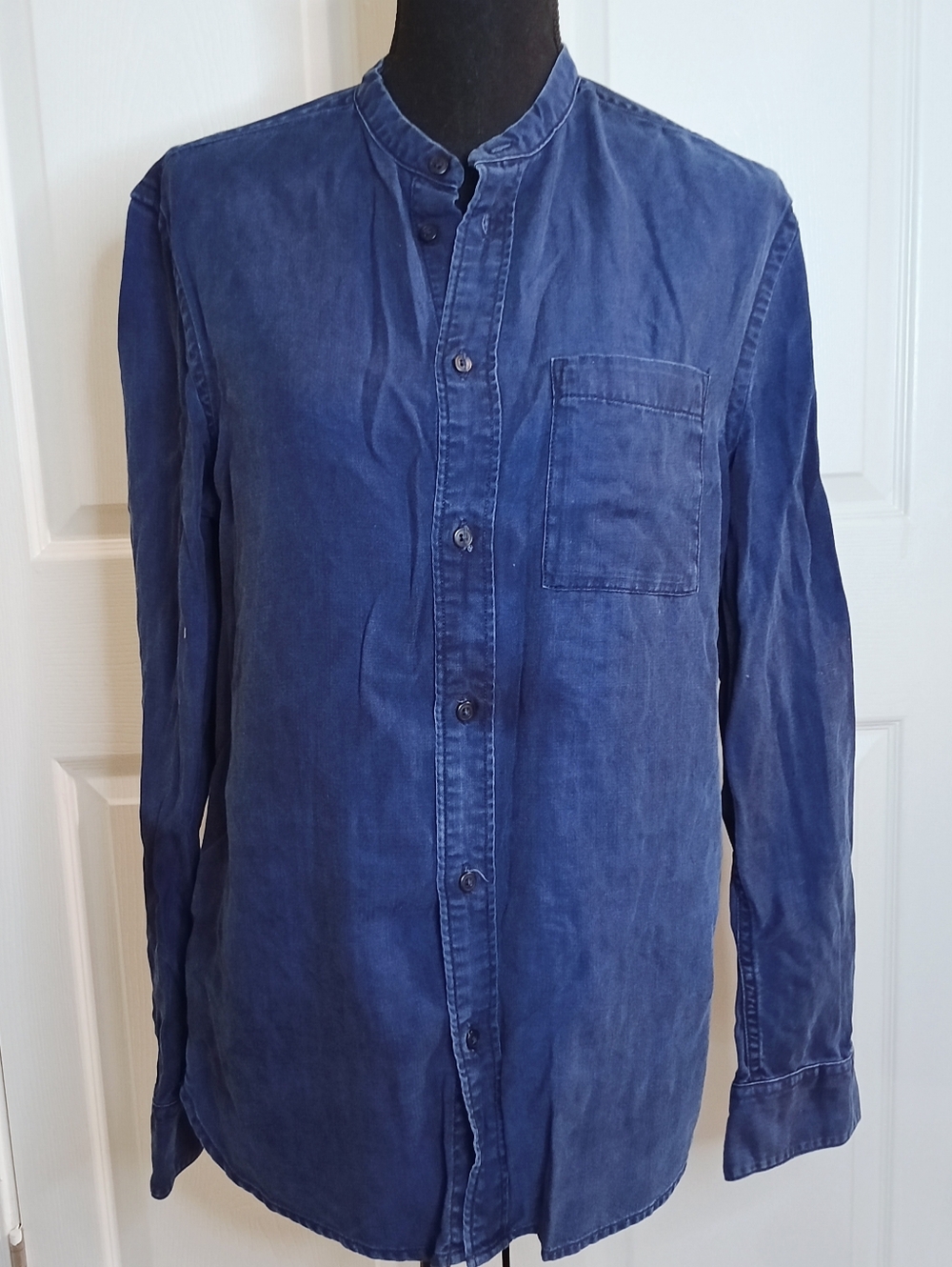 H&M Navy Blue Band-Collar Button-Down Shirt
